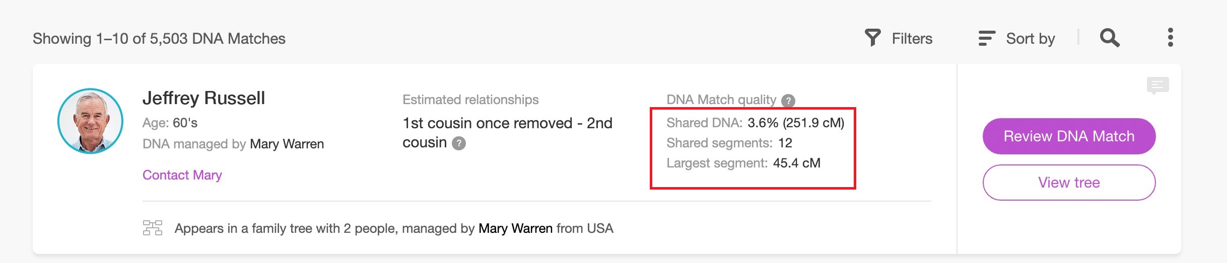 What is shared DNA? Screenshot of shared DNA on a DNA match on MyHeritage