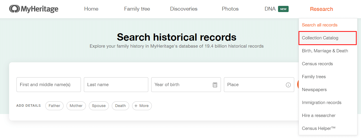 Accessing the Collection Catalog on MyHeritage